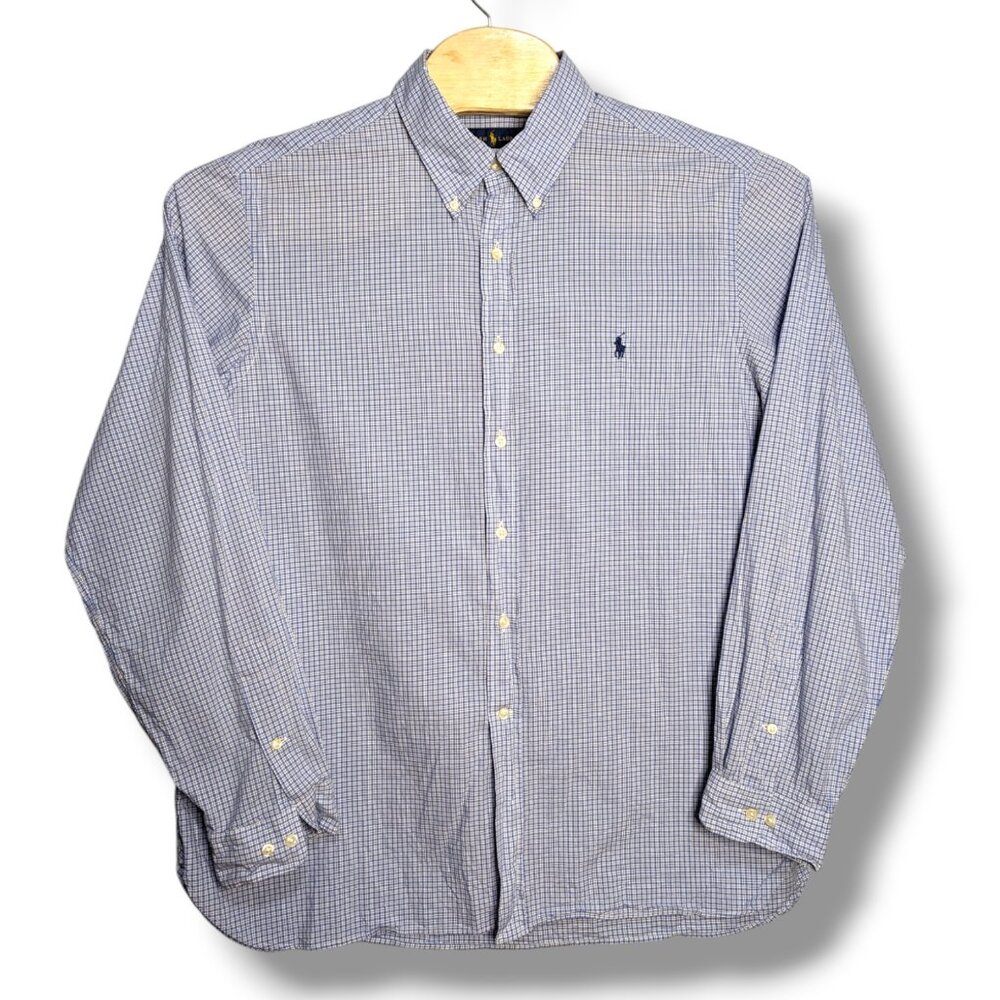 Ralph Lauren Shirt Mens 17.5 Blue Small Check Pony Dress Button Up Long Sleeve